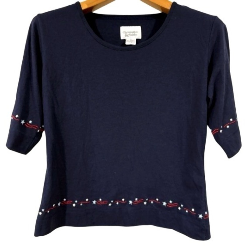 Christopher & Banks Womens Large Navy Blue Patriotic Star Embroidered Knit Top